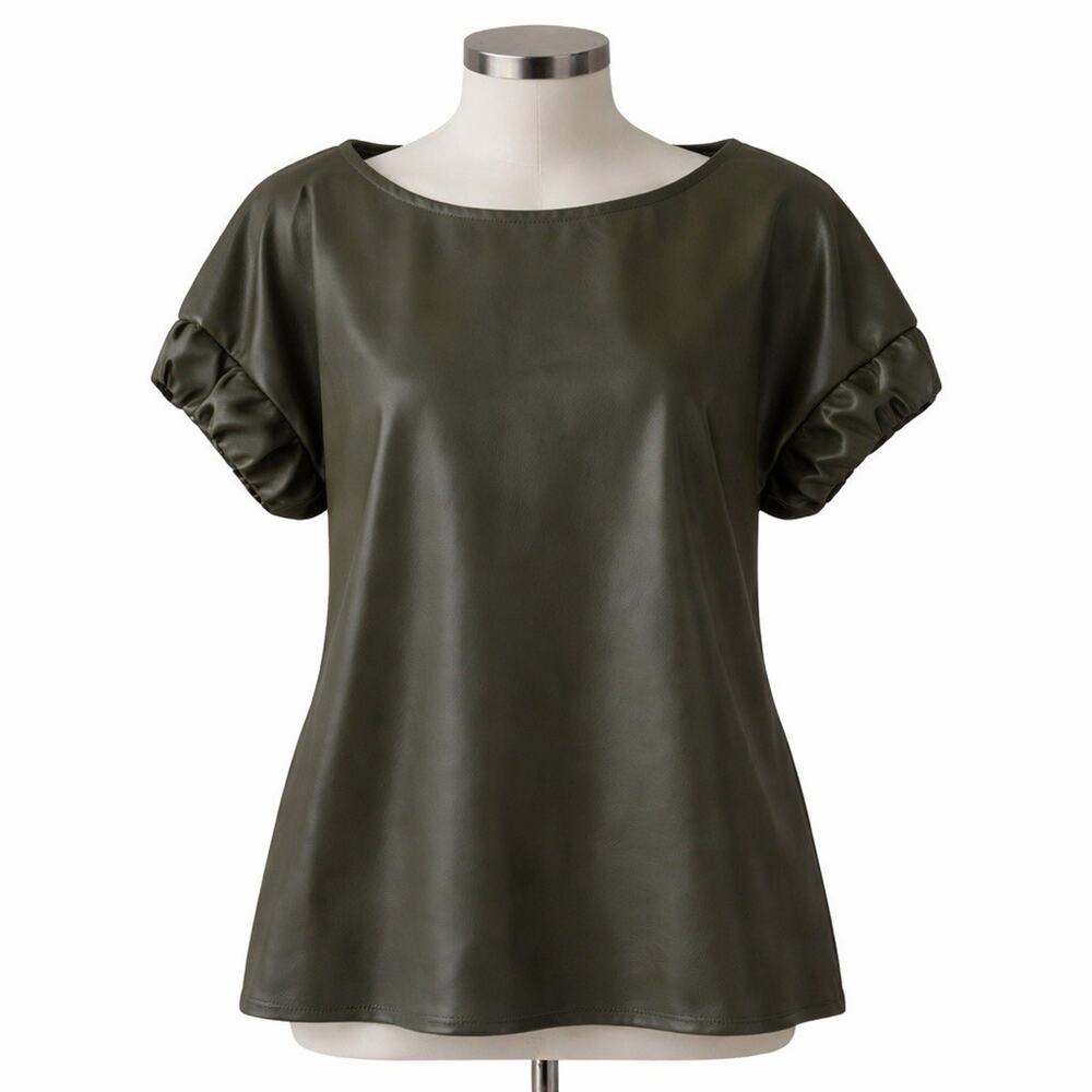 INCLAN STUDIO Olive Green Capsule Gathered Sleeve Vegan Leather Top Blouse L